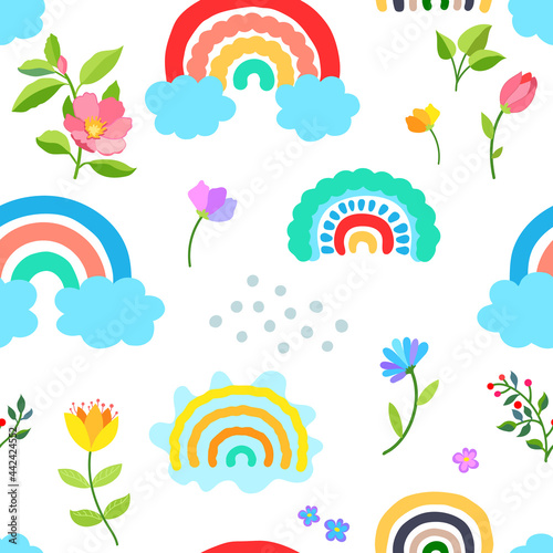 Seamless pattern with hand drawn rainbows, flowers and clouds in a Scandinavian style. Kids texture for fabric, wrapping, textile, wallpaper. Cartoon Vector Illustration.