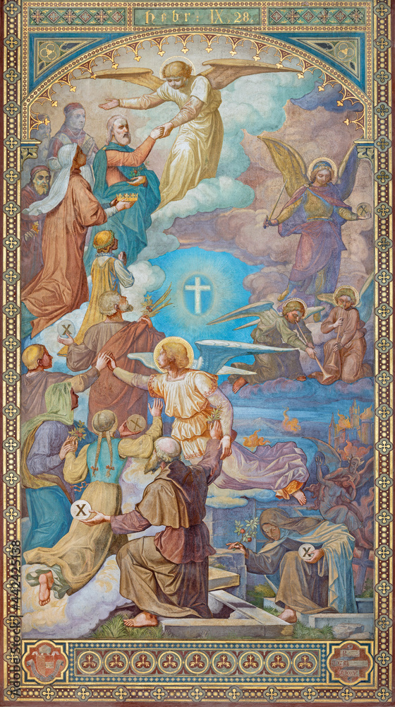 VIENNA, AUSTIRA - JUNI 24, 2021: The fresco Miracle of Multiplying Food in the Votivkirche church by brothers Carl and Franz Jobst (sc. half of 19. cent.).