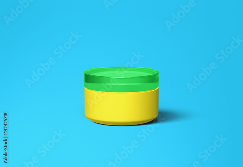 3d rendered cream container blank mockup template with grey blue color background (ID: 442425318)