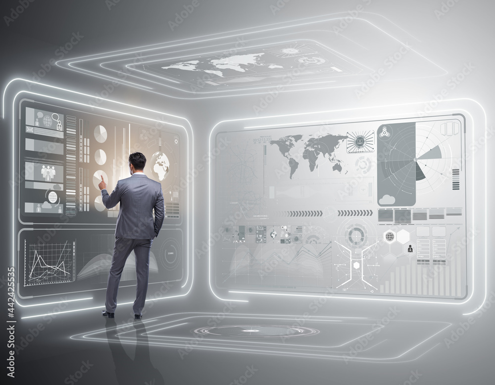 Valokuva Man pressing virtual button in data mining concept