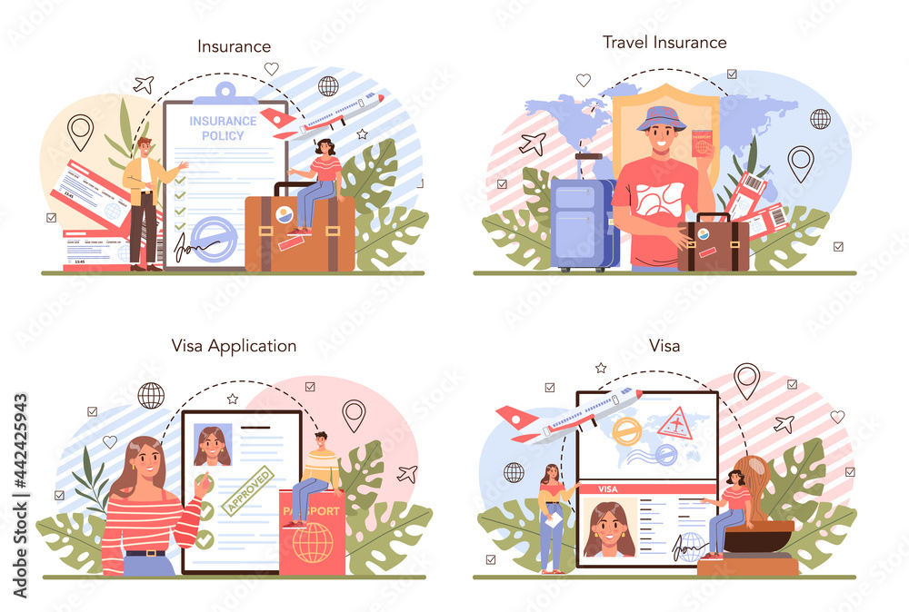 Traveling abroad concept set. Visa application approving and insurance