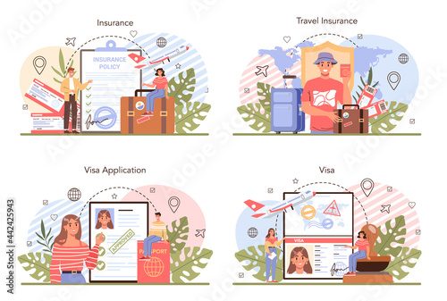 Traveling abroad concept set. Visa application approving and insurance