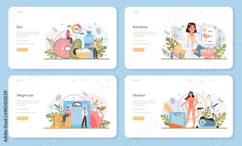 Nutritionist web banner or landing page set. Nutrition therapy with healthy food