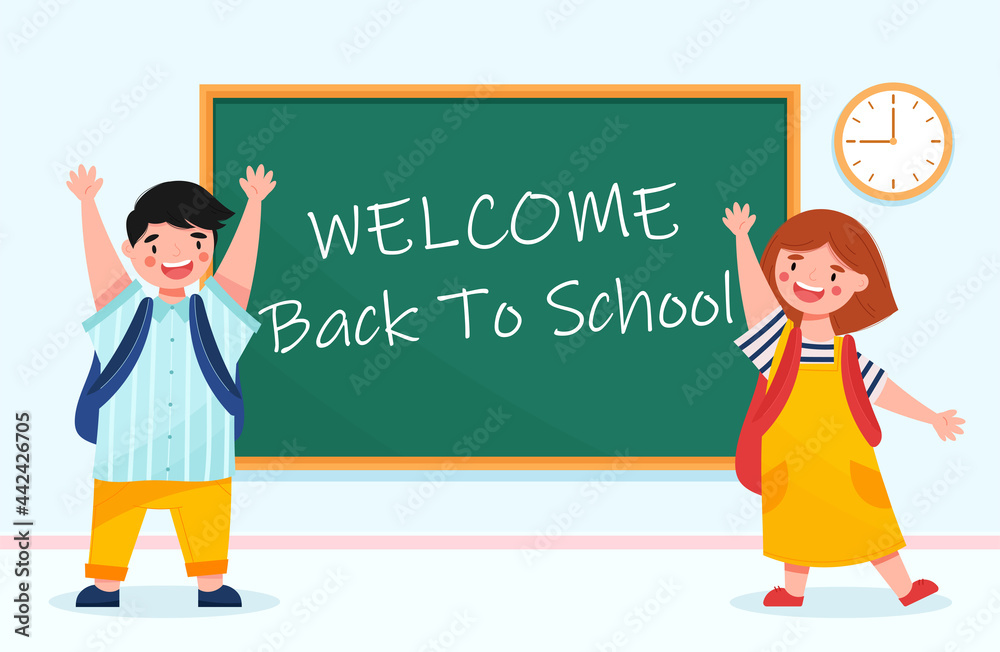 Welcome back to school concept. Smiling kids with backpacks in the ...