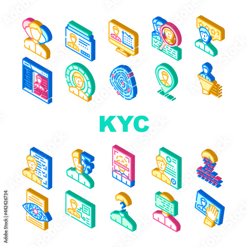 Kyc Know Your Customer Collection Icons Set Vector. Client Identification Card And Medical Information, Kyc Technology And Analysis Isometric Sign Color Illustrations