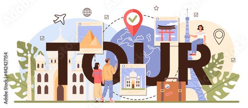 Tour typographic header. Idea of tourism around the world. Holiday entertainment