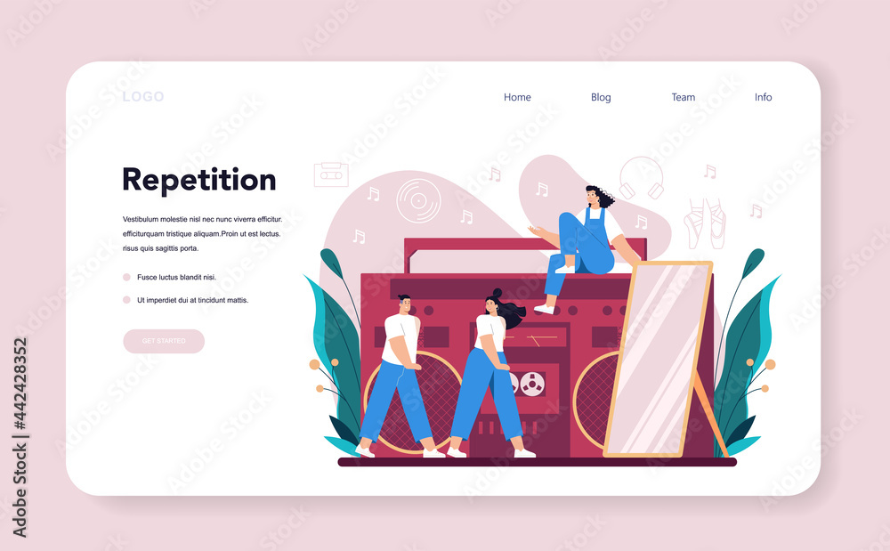 Choreographer web banner or landing page. Dance teacher in studio