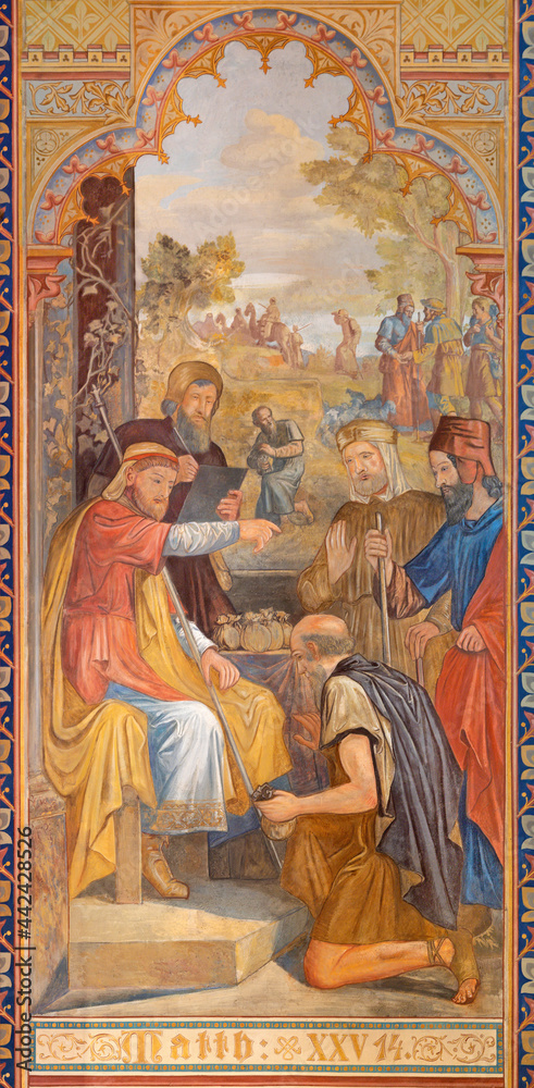 VIENNA, AUSTIRA - JUNI 24, 2021: The fresco of Parable of the Talents in the Votivkirche church by brothers Carl and Franz Jobst (sc. half of 19. cent.).
