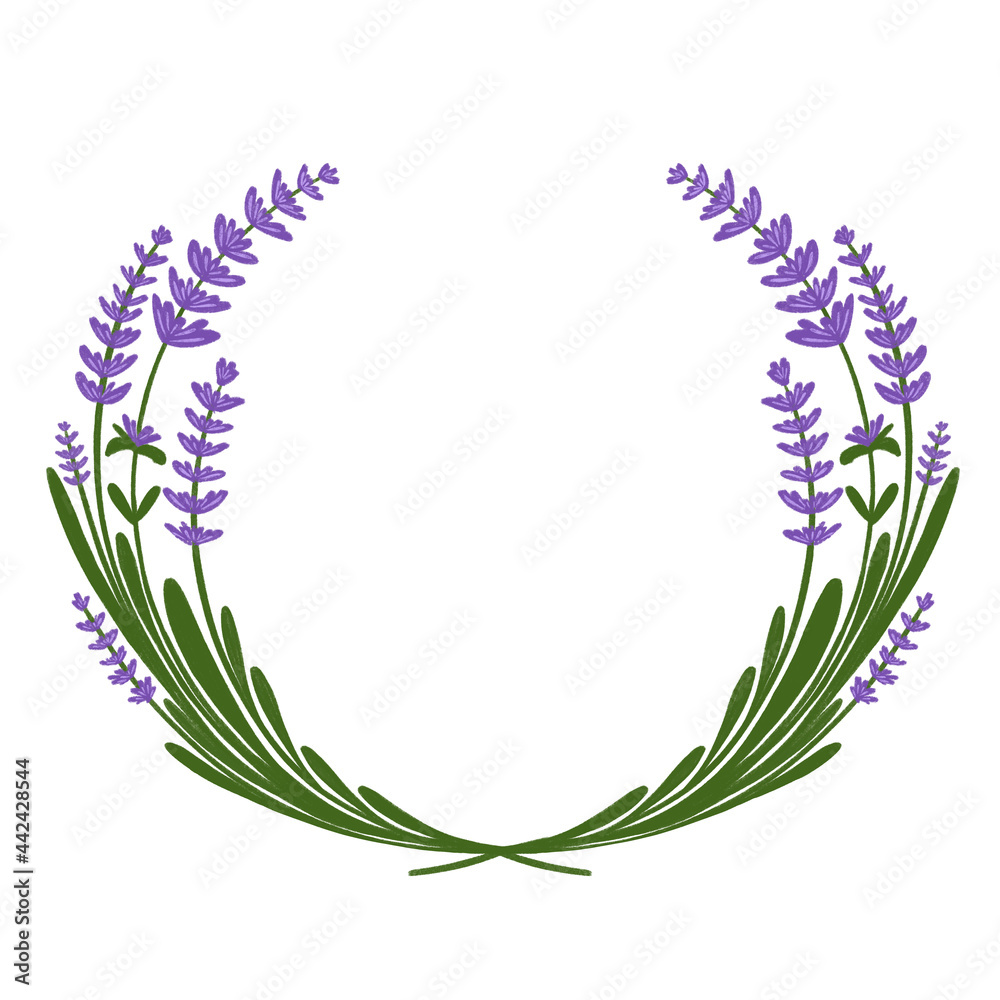 Hand drawn half round wreath frame with lilac flowers, on white background. Place for an inscription. Perfect for invitations, greeting and wedding cards, business cards, print on clothes, stationery Hand drawn half round wreath frame with lilac flowers, on white background. Place for an inscription. Perfect for invitations, greeting and wedding cards, business cards, print on clothes, stationery