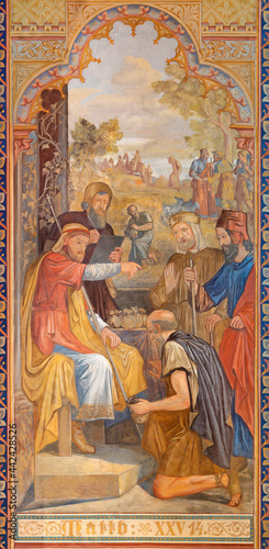 VIENNA, AUSTIRA - JUNI 24, 2021: The fresco of Parable of the Talents in the Votivkirche church by brothers Carl and Franz Jobst (sc. half of 19. cent.).