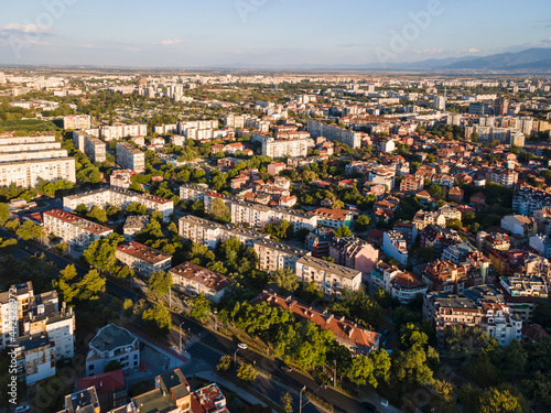 Fototapeta Naklejka Na Ścianę i Meble -  Aerial sunset cityscape of City of Plovdiv, Bulgaria