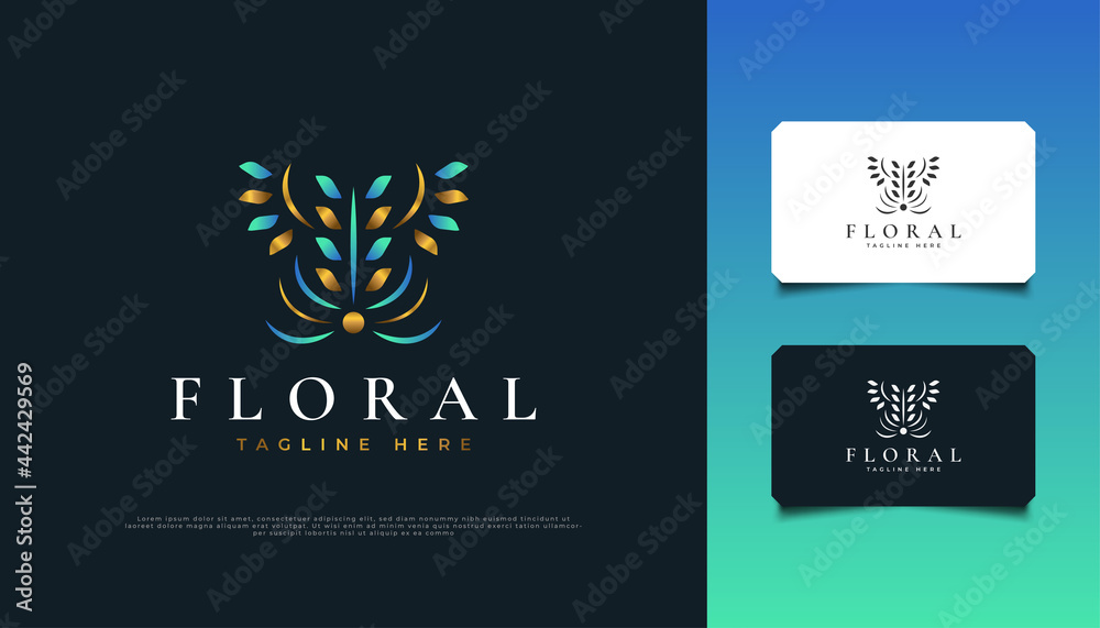 Luxury Abstract Floral Logo Design in Blue and Gold, Suitable for Spa, Beauty, Florists, Resort, or Cosmetic Product Brand Identity