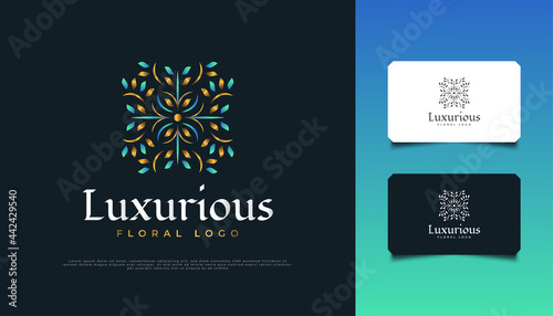 Luxury Floral Logo in Blue and Gold. Flower Ornament Logo, Suitable for Spa, Beauty, Florists, Resort, or Cosmetic Product Brand Identity
