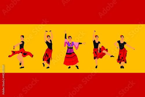 Attractive Spanish girl flamenco dancer vector illustration over Spain flag. Hispanic woman with castanets hot dance. Traditional folklore in Spain. Sensual salsa lady in  movement culture performer.
