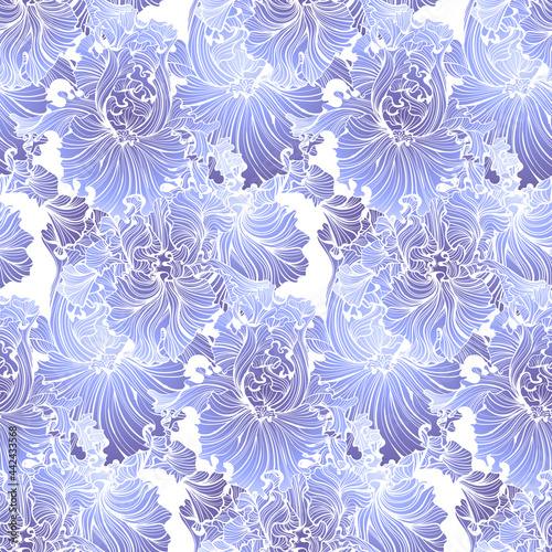 seamless pattern of flowers and leaves of irises in vintage style Art Nouveau and Art Deco with gold. Exquisite botanical background. Hommage Victorian fabric design