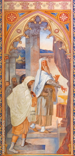 Obraz na płótnie VIENNA, AUSTIRA - JUNI 24, 2021: The fresco of the parable of Pharisee and the tax collector in the Votivkirche church by brothers Carl and Franz Jobst (sc