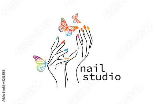 Beautiful female hands. Nail studio. Nail polish logo. Mixed media. Multicolored butterflies. vector illustration