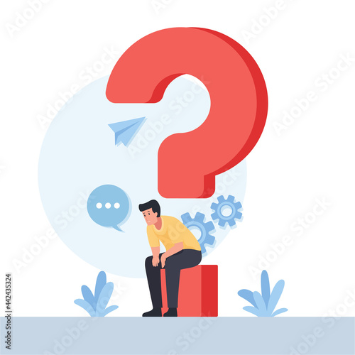 Man sit on the question mark metaphor of think
