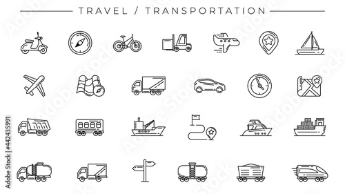 Travel and Transportation concept line style vector icons set