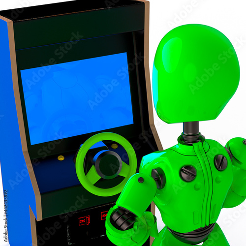 robot gir lwith a retro arcade videogame cabinet driving in white background close up view photo