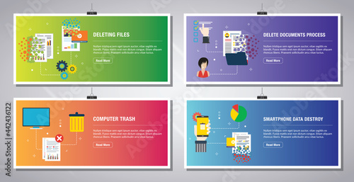 Web banners template in vector with icons of deleting files, delete documents, computer trash and smartphone data destroy. Flat design icons in vector illustration.