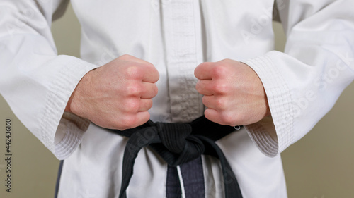 Taekwondo fighter in chumbi sogui position, hands in front with closed fists.