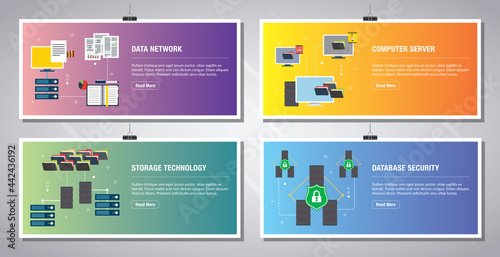 Web banners template in vector with icons of data network, computer server, storage technology and database security. Flat design icons in vector illustration.