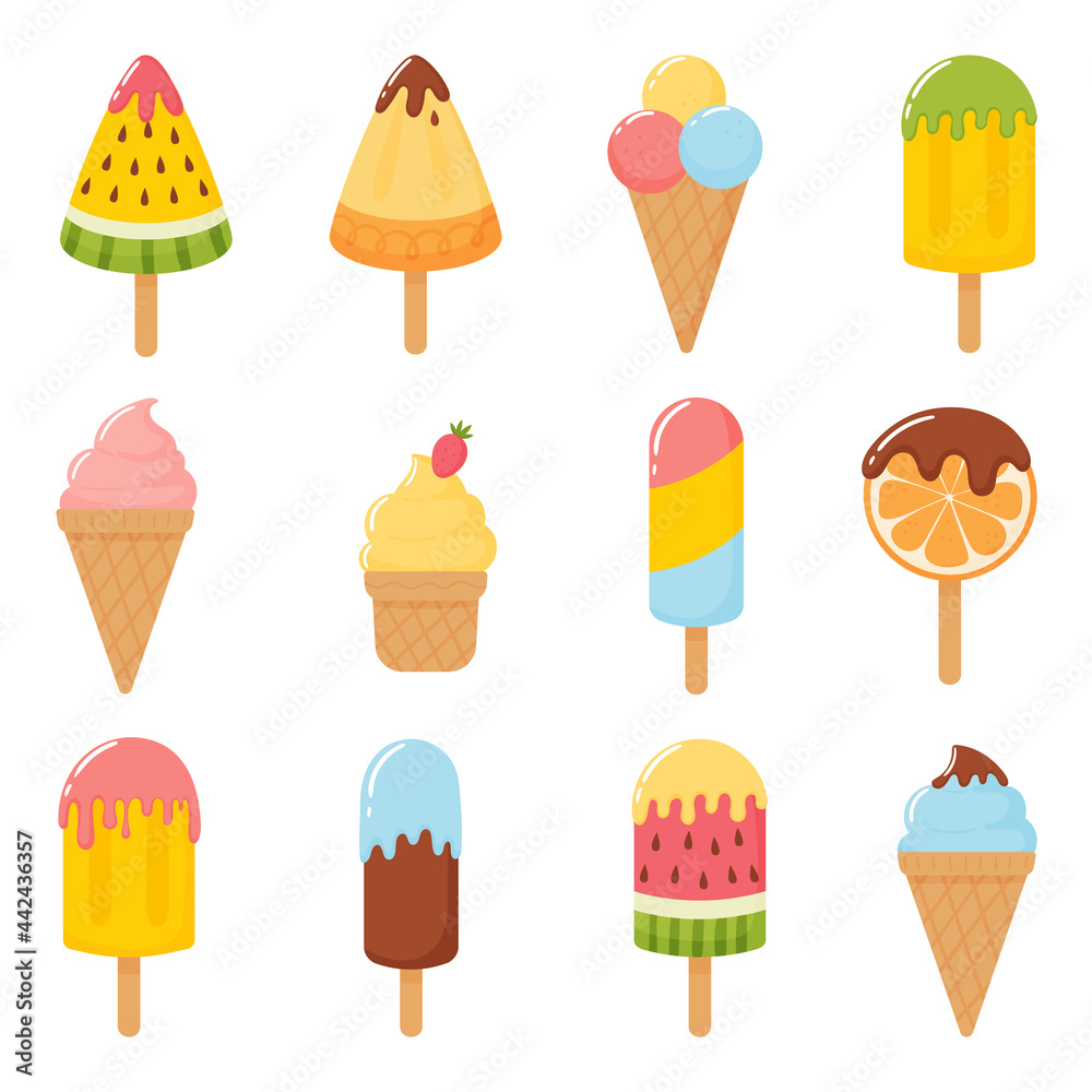 Ice cream set. Vector illustrations of frozen sweets in different shapes with fillings, chocolate and fruits.