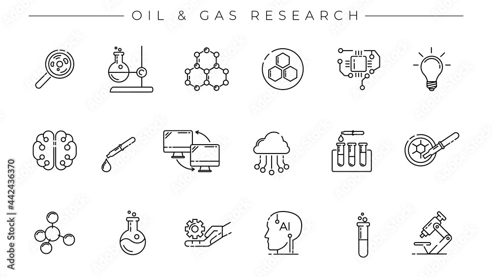 Oil and Gas Research concept line style vector icons set Oil and Gas Research concept line style vector icons set