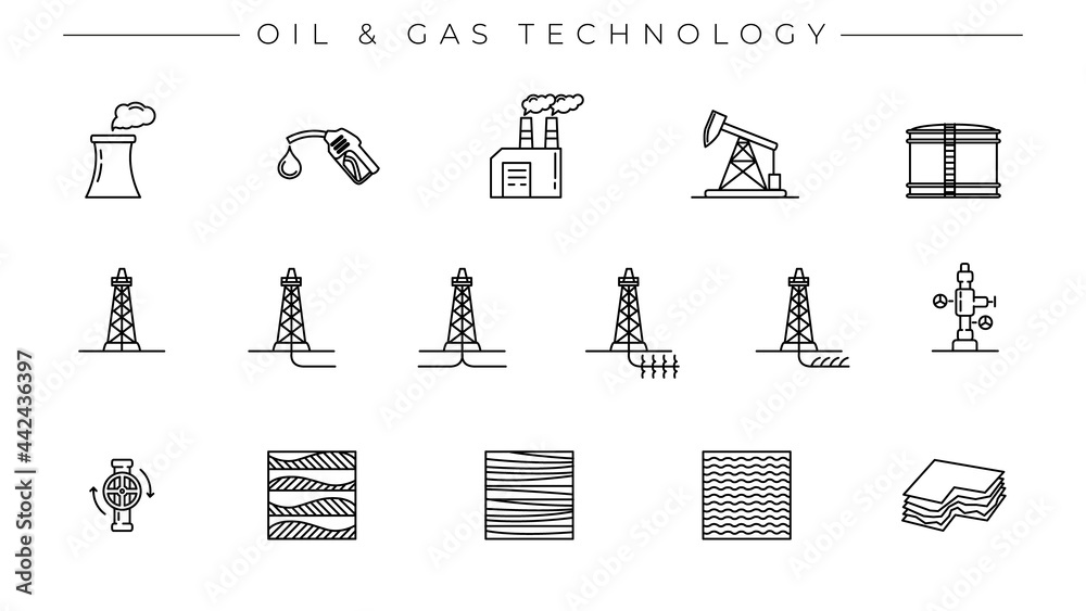 Oil and Gas Technology concept line style vector icons set - obrazy, fototapety, plakaty 