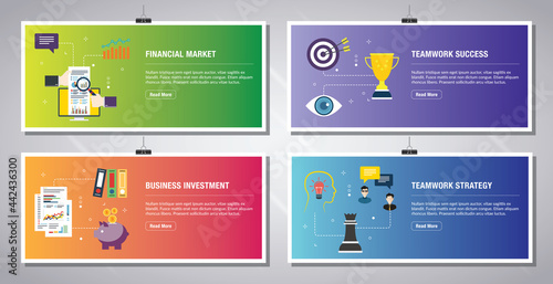 Web banners template in vector with icons of financial market, teamwork success, business investment and teamwork strategy. Flat design icons in vector illustration.