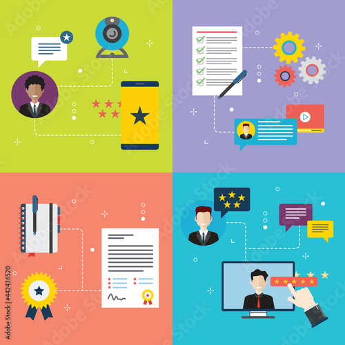 Feedback, review, contract service and rating icons. Concepts ofonline review, feedback customer, contract service and rating service. Internet website banner concept with icon set. Flat design icons 