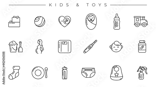Kids and Toys concept line style vector icons set.