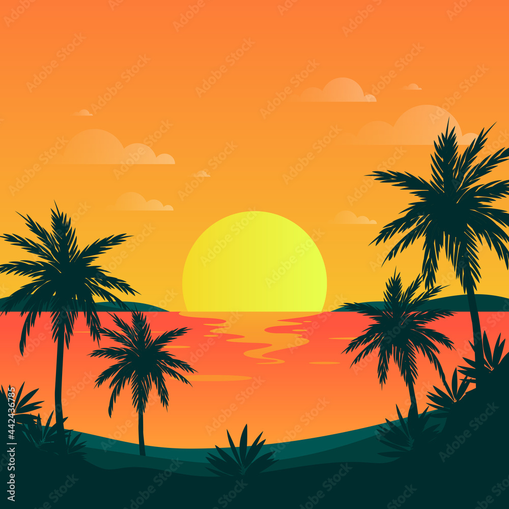 palm tree ocean view background illust