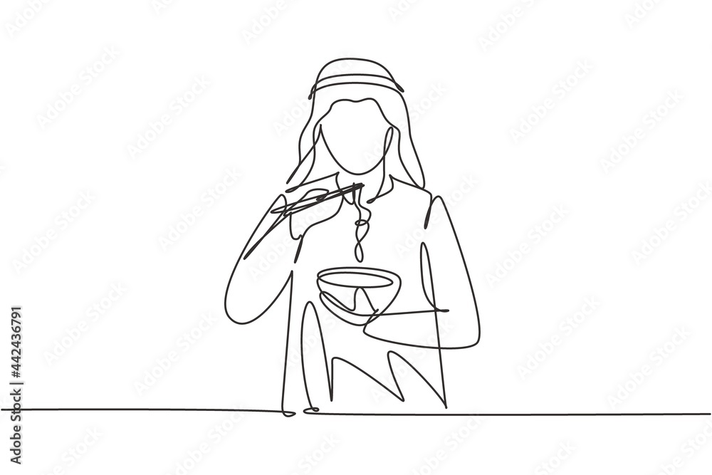 Single one line drawing young Arabian man having noodles meal with chopsticks around table. Enjoy lunch when hungry. Delicious and healthy food. Continuous line draw design graphic vector illustration