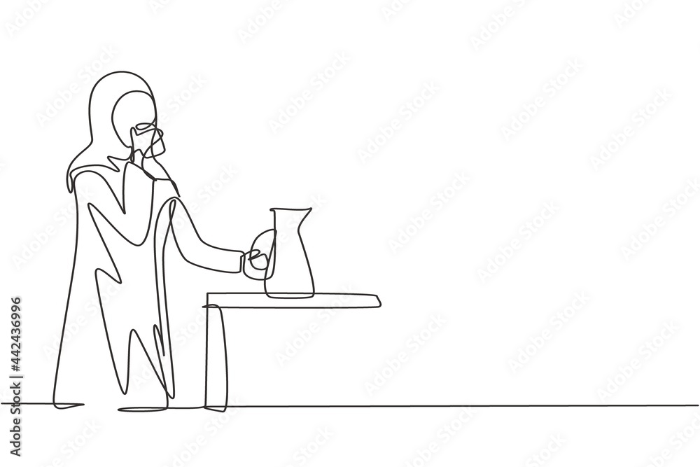 Single continuous line drawing young Arab woman standing and drinking water in glass from jug. Take a break while cleaning house. Happy person. Dynamic one line draw graphic design vector illustration