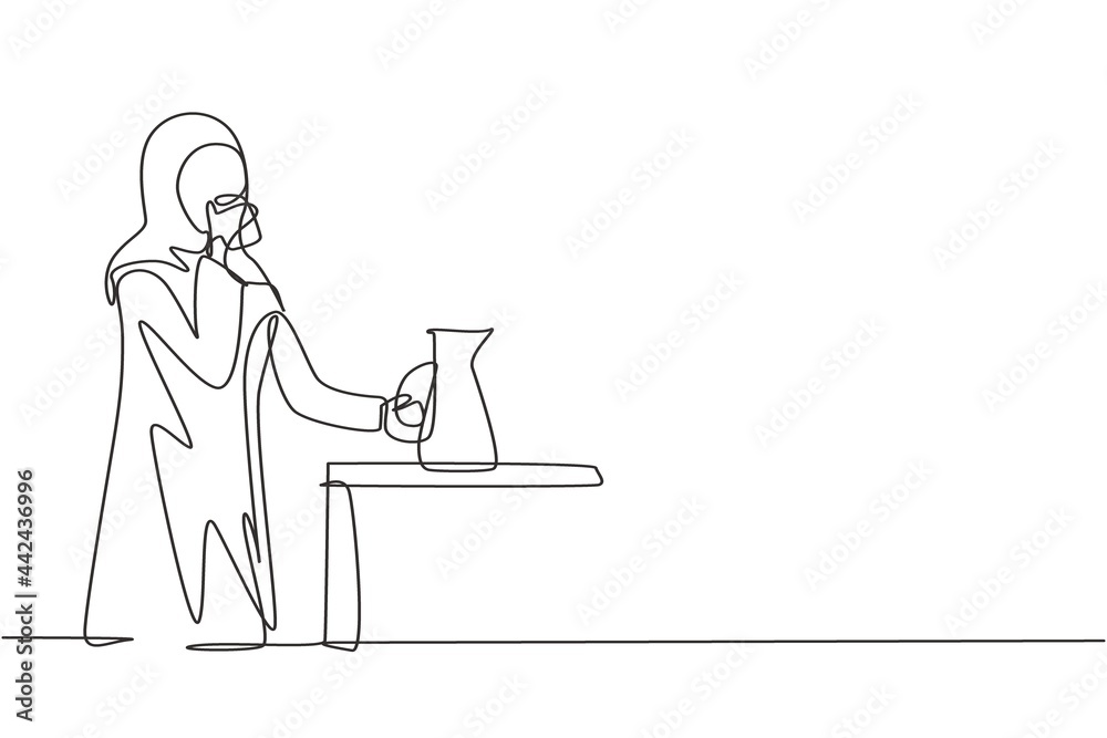 Single continuous line drawing young Arab woman standing and drinking water in glass from jug. Take a break while cleaning house. Happy person. Dynamic one line draw graphic design vector illustration Single continuous line drawing young Arab woman standing and drinking water in glass from jug. Take a break while cleaning house. Happy person. Dynamic one line draw graphic design vector illustration