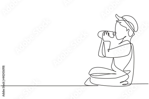 Single one line drawing Arabian boy sitting while enjoying a bottle of fresh milk to fulfill his body nutrition. Child health and growth. Modern continuous line draw design graphic vector illustration