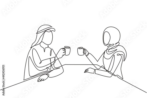 Single continuous line drawing young Arabian couple holding a cup of hot coffee, preparing toast to celebrate success of office work project. Dynamic one line draw graphic design vector illustration