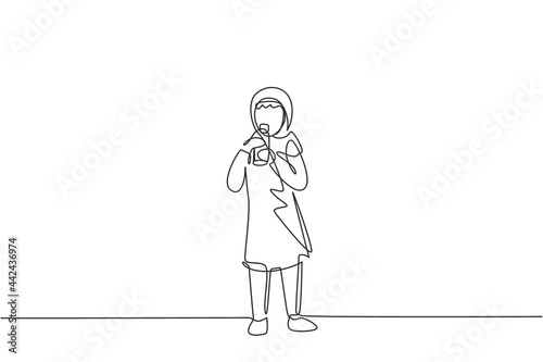 Single continuous line drawing Arabian girl standing while drinking a glass of milk to fulfill body's nutrition. Healthy lifestyles concept for kids. One line draw graphic design vector illustration