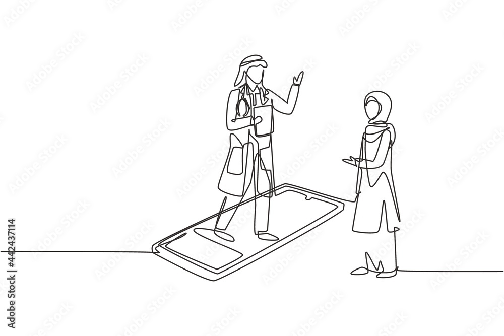Single continuous line drawing Arab male doctor standing on smartphone, in front of his standing hijab female patient. Online medical services. Dynamic one line draw graphic design vector illustration