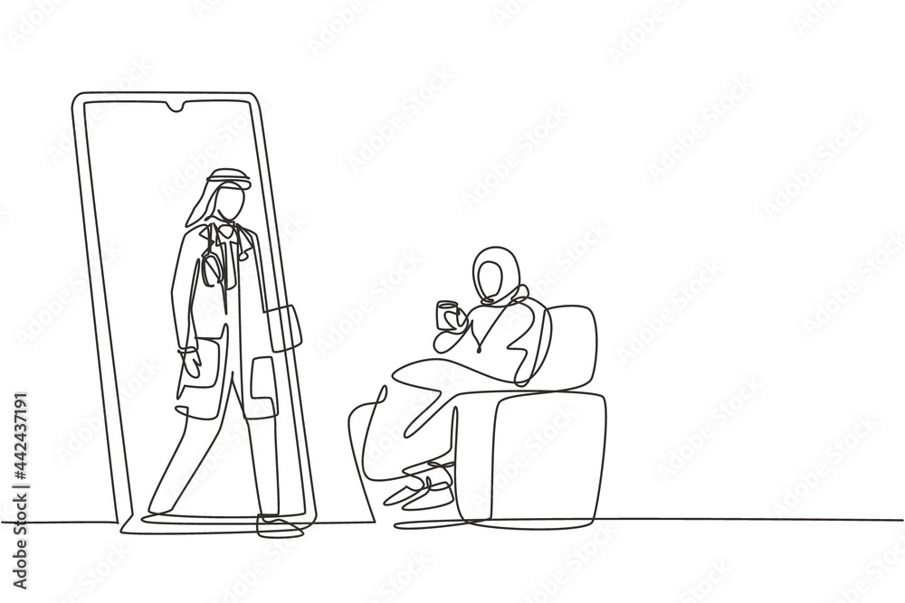 Single one line drawing hijab female patient sitting curled up on sofa, using blanket, holding mug and there is male doctor walking out of smartphone, holding clipboard. Modern continuous line draw