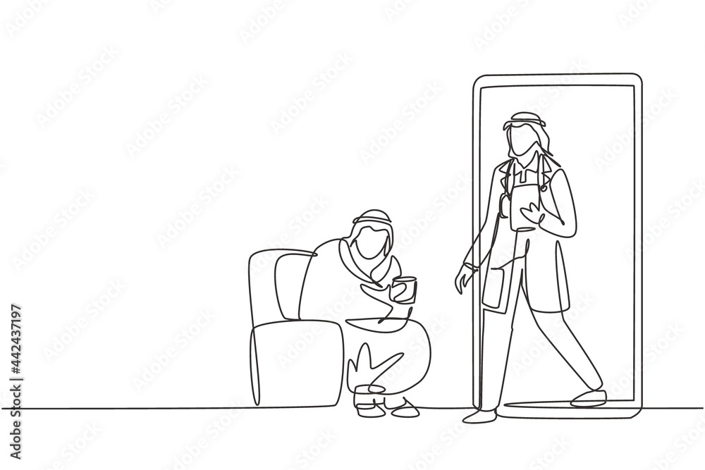 Single one line drawing Arabian male patient sitting curled up on sofa, using blanket, holding mug and there is male doctor walking out of smartphone, holding clipboard. Modern continuous line draw