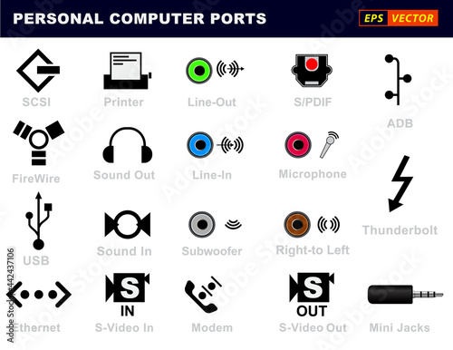set of realistic personal computer ports connectors or usb universal connector symbols or various plug connector ports firewire scsi usb ethernet printer SPDIF modem thunderbolt component. eps vector