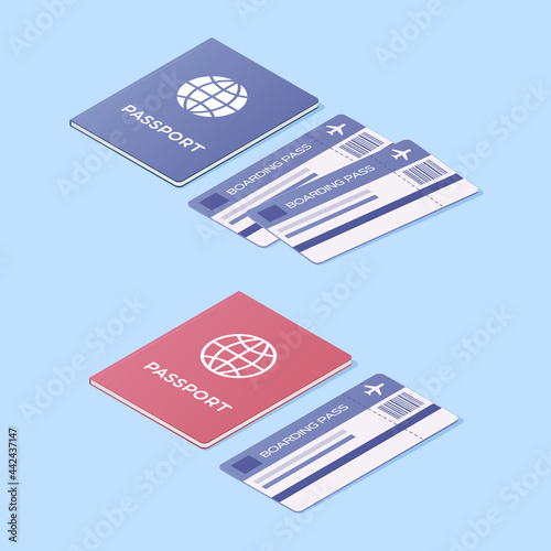 Air travel concept. National passport and plane ticket. Colored isometric vector illustration. Isolated on white background.