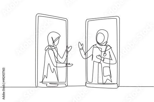 Single continuous line drawing two smartphones face to face and contain hijab female patient and hijab female doctor with their bodies as if coming out of a smartphone. One line draw graphic design