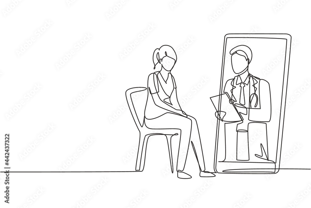 Single one line drawing male doctor holding clipboard checking condition of female patient sitting on chair. Online consultation concept. Modern continuous line draw design graphic vector illustration