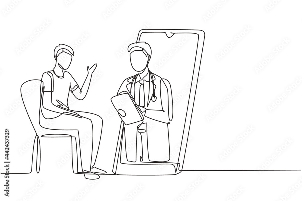 Continuous one line drawing male doctor holding clipboard checking condition of male patient sitting on chair. Online doctor consultation concept. Single line draw design vector graphic illustration