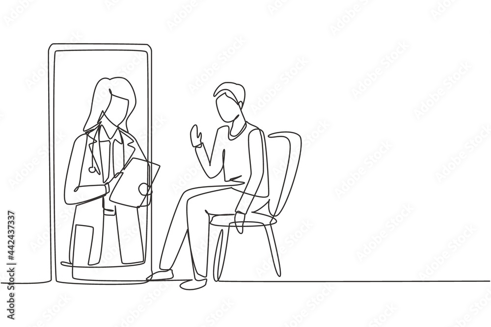 Continuous one line drawing female doctor holding clipboard checking condition of male patient sitting on chair. Online doctor consultation concept. Single line draw design vector graphic illustration