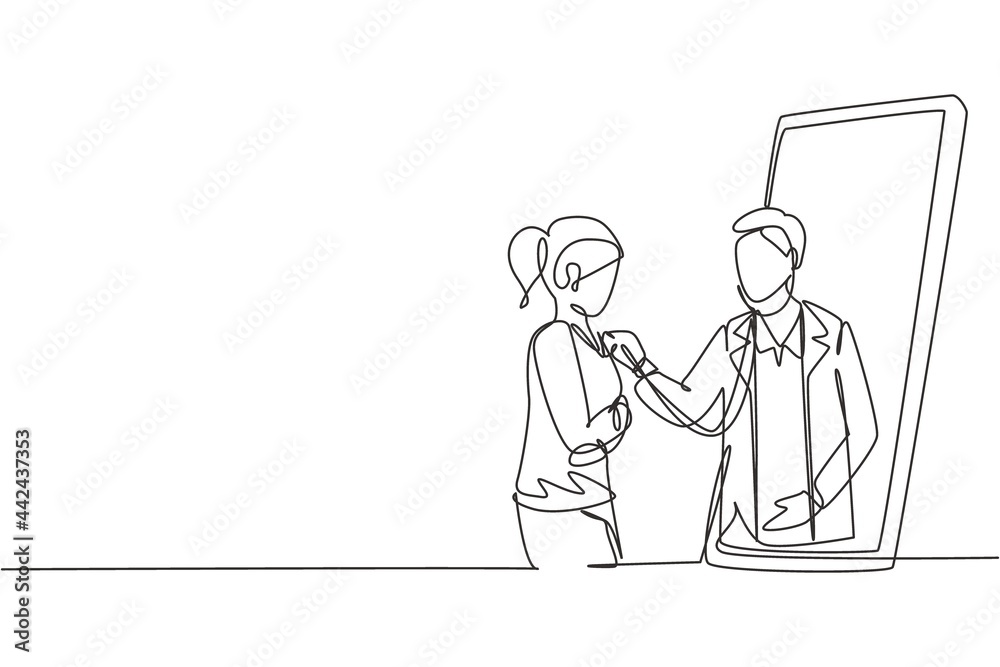 Single continuous line drawing male doctor comes out of smartphone screen and checks female patient's heart rate using a stethoscope. Online doctor. One line draw graphic design vector illustration